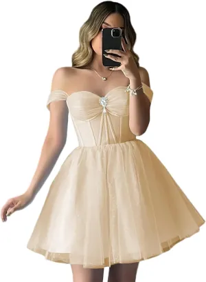 XYAYE Sparkly Tulle Homecoming Dresses Off Shoulder Short Prom Dresses for Teens Puffy Sweetheart A Line Cocktail Dress